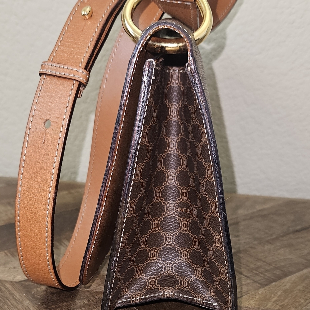 Celine Brown Monogram Shoulder Bag with Tan Leather Strap and Gold Hardware - Picture 9 of 17